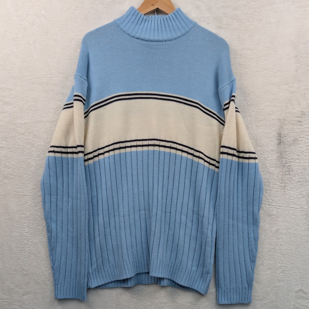 VTG Exco Jeans Sweater Men's XL Blue Striped Mock Neck Oversized Streetwear Y2K